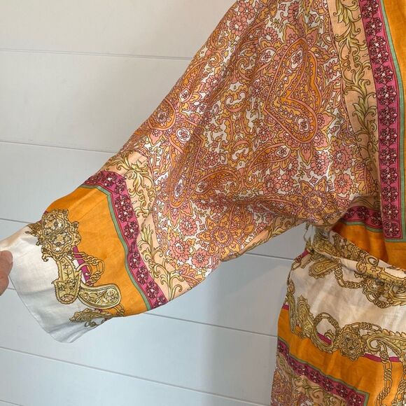 Magaschoni 100% Linen Orange Yellow Wrap Midi Dress, Size Small - Picture 3 of 12